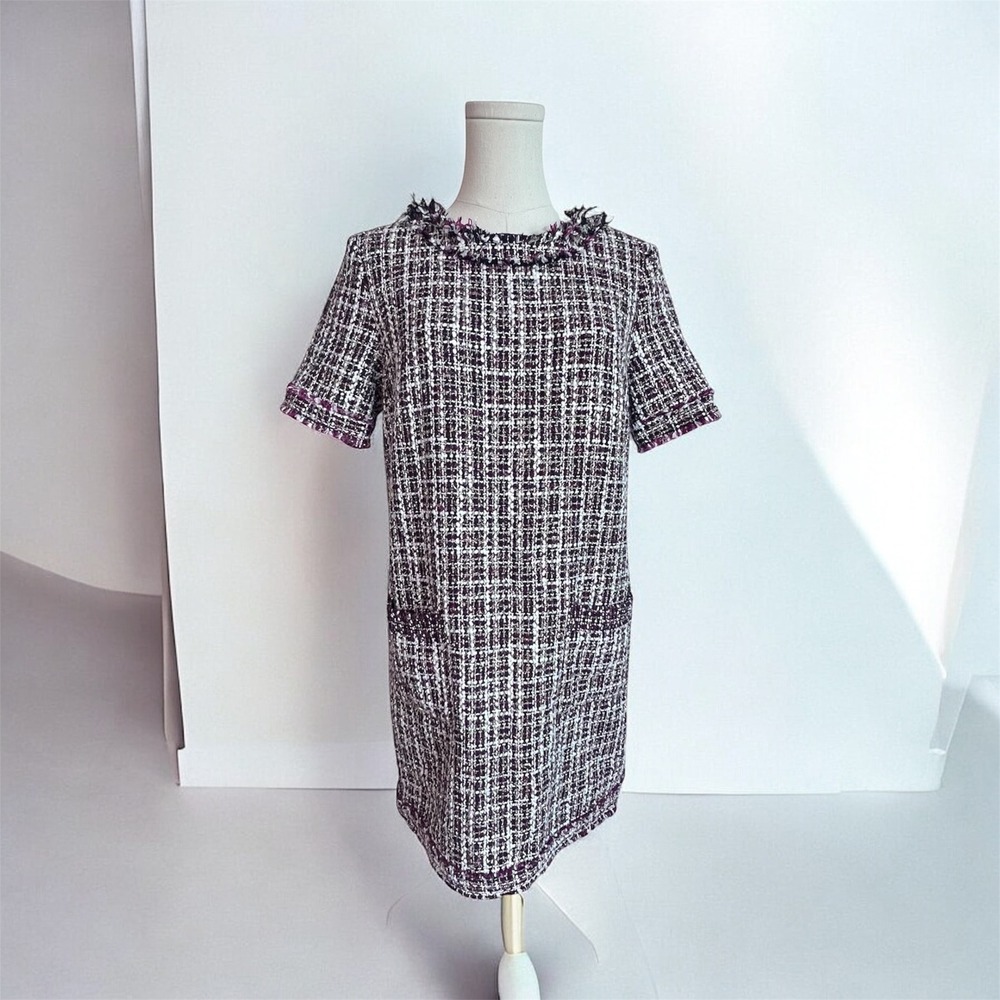 Tweed Plaid Shift Dress Burgundy Black‎ White Fringe Trim Short Sleeve Pockets